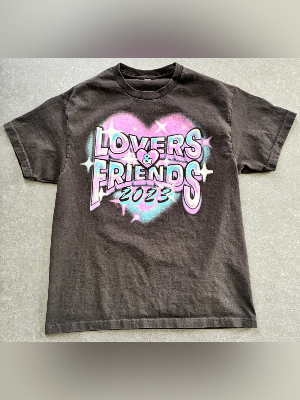 Lovers & Friends 2023 Concert Tee - Black with Pink & Blue Heart - Large